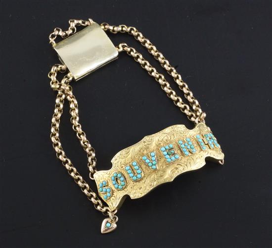 A Victorian chased gold and turquoise double chain link Souvenir bracelet, gross 16.7 grams.
